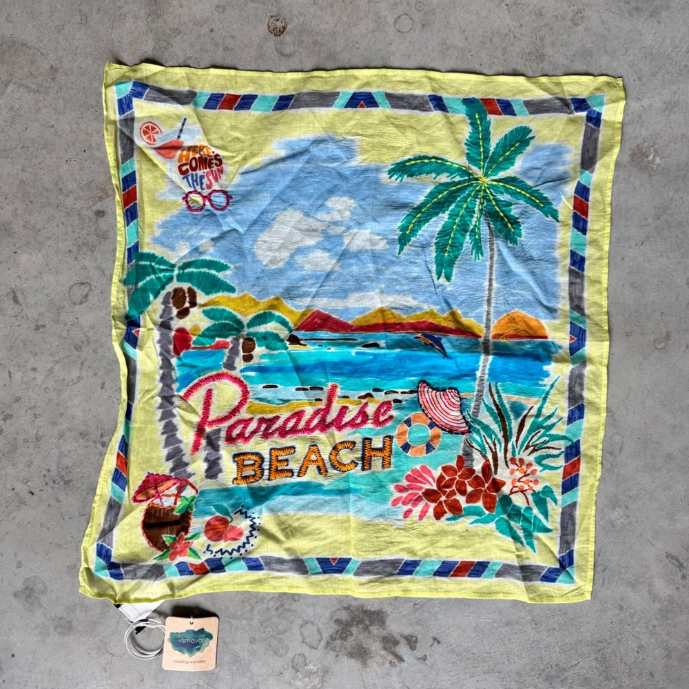 NWT Vismaya Paradise Beach Tropical Print Embroidered Beach Scarf